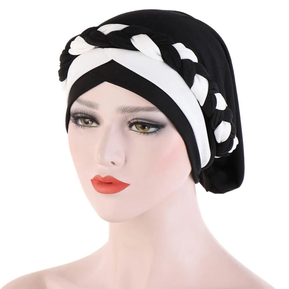 Muslim Women Silk Braid Cross Turban Hat Headscarf Chemo Beanies Cap Hijab Bandanas Headwear Hair Head Wrap Hair Accessories