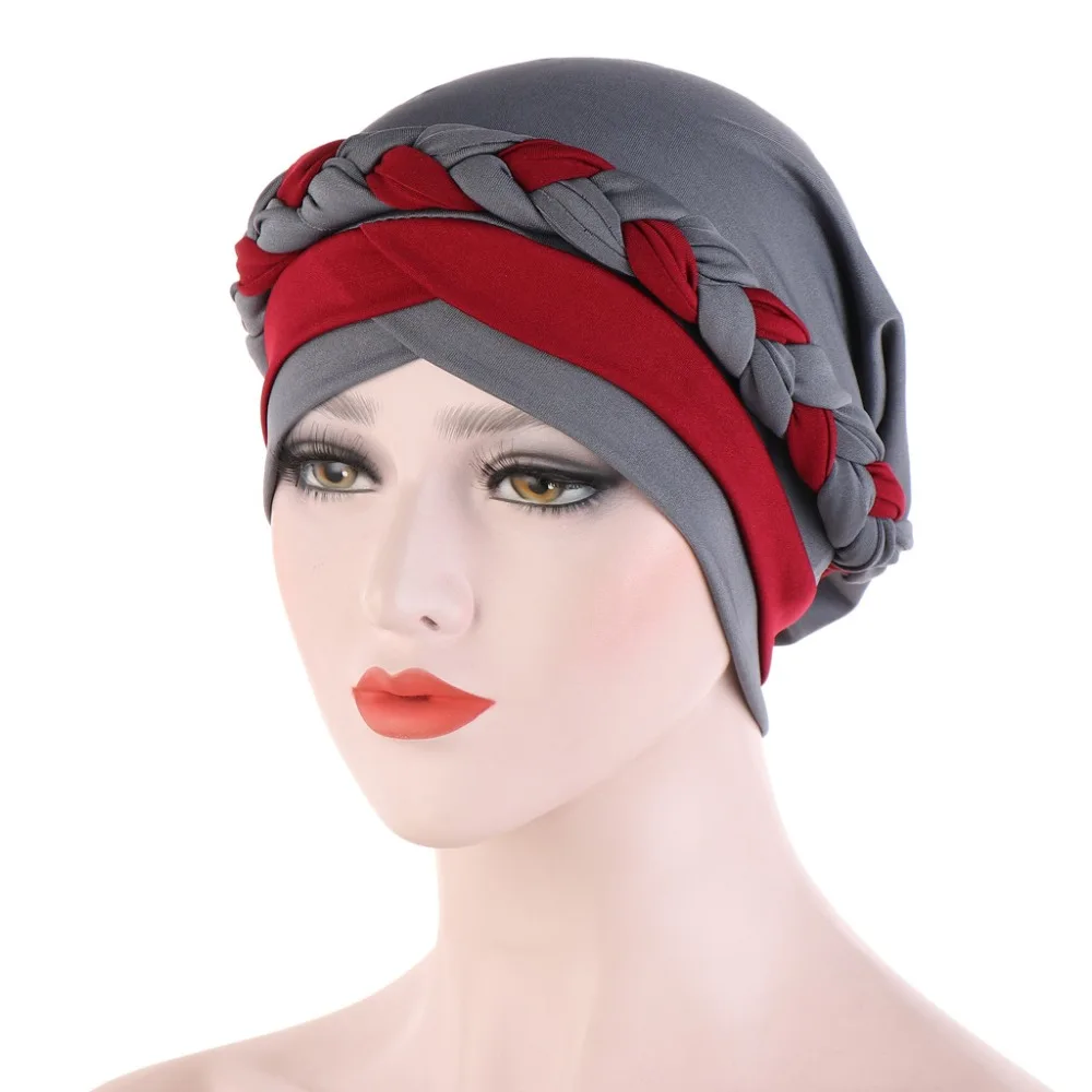 Muslim Women Silk Braid Cross Turban Hat Headscarf Chemo Beanies Cap Hijab Bandanas Headwear Hair Head Wrap Hair Accessories