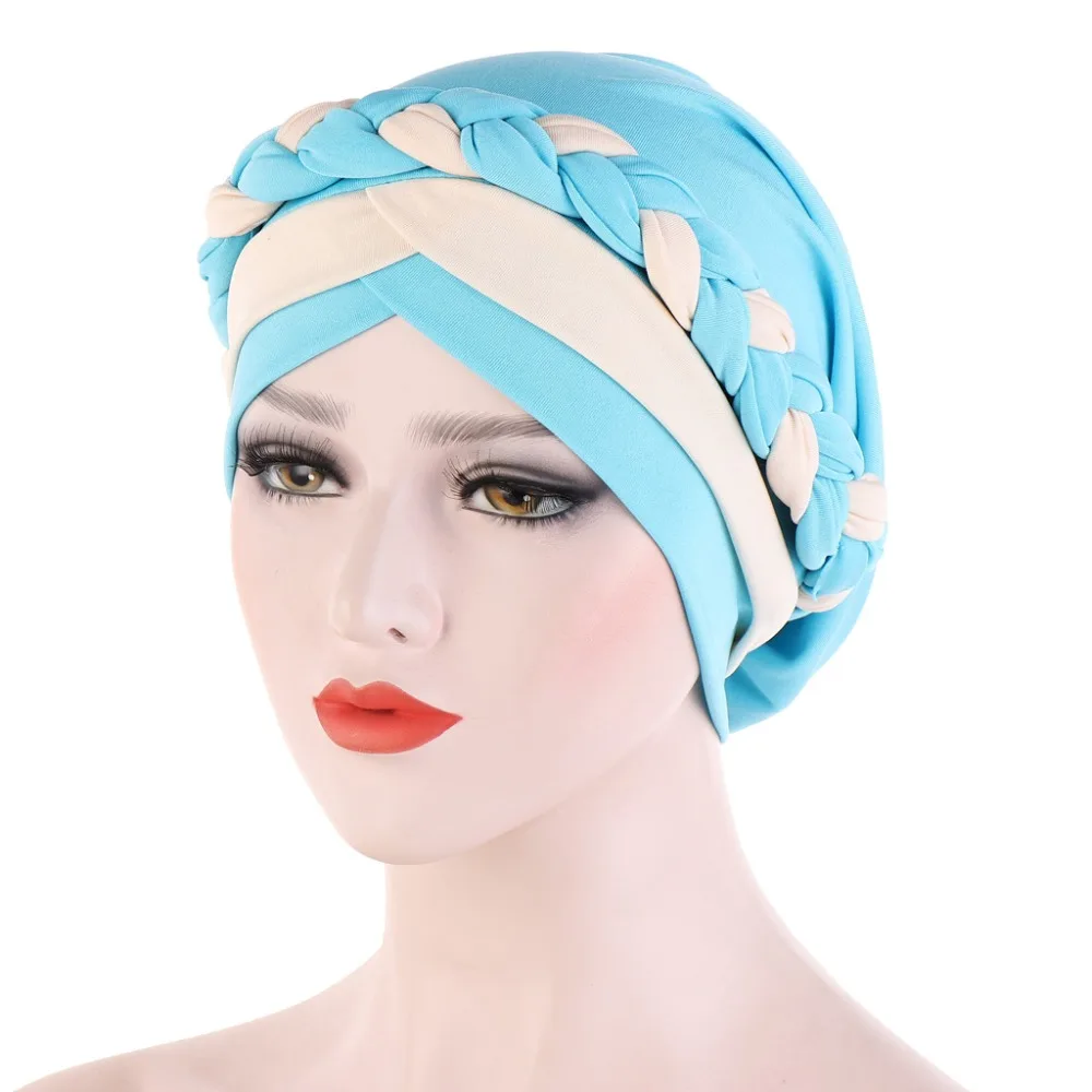 Muslim Women Silk Braid Cross Turban Hat Headscarf Chemo Beanies Cap Hijab Bandanas Headwear Hair Head Wrap Hair Accessories