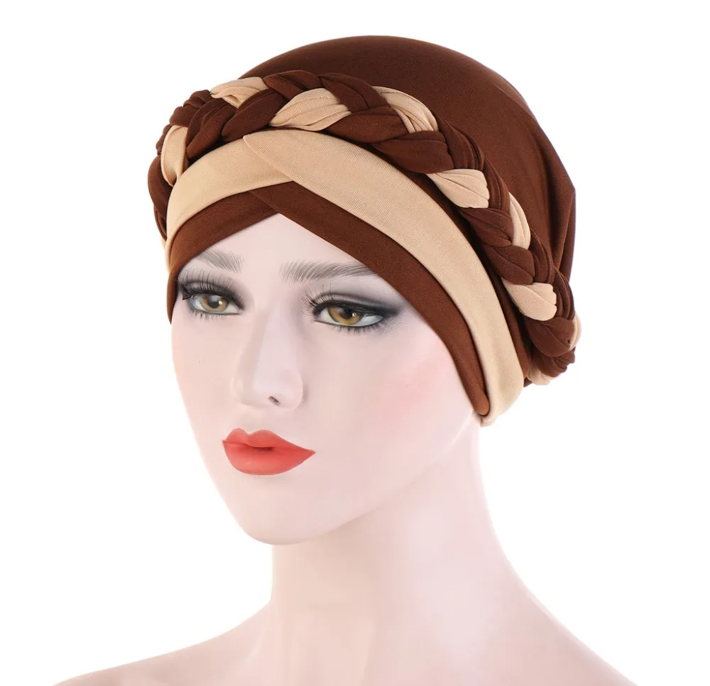 Muslim Women Silk Braid Cross Turban Hat Headscarf Chemo Beanies Cap Hijab Bandanas Headwear Hair Head Wrap Hair Accessories