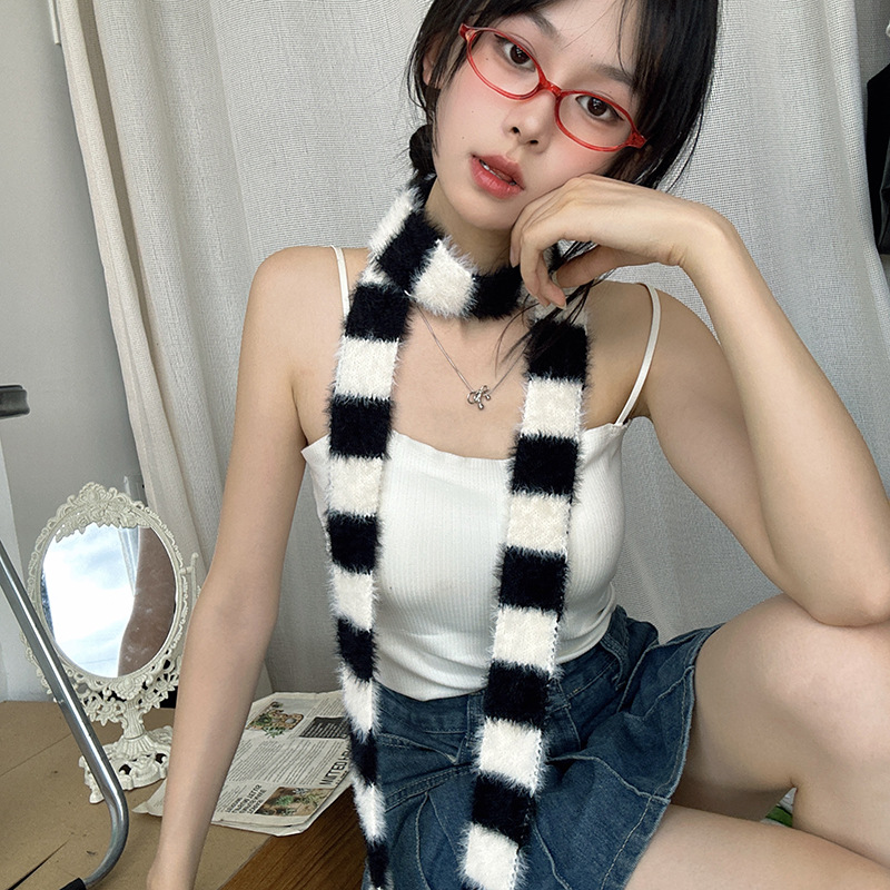 Korean Style Striped Cool Scarf Y2K Autumn Winter Plush Long Narrow Scarves Adult Women Men Fashion Soft Neck Warmer Neckerchief