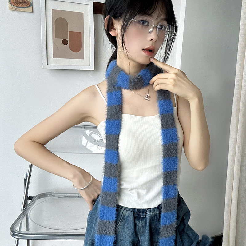 Korean Style Striped Cool Scarf Y2K Autumn Winter Plush Long Narrow Scarves Adult Women Men Fashion Soft Neck Warmer Neckerchief