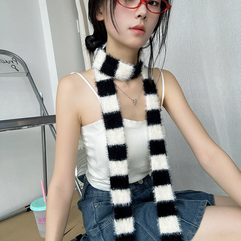 Korean Style Striped Cool Scarf Y2K Autumn Winter Plush Long Narrow Scarves Adult Women Men Fashion Soft Neck Warmer Neckerchief