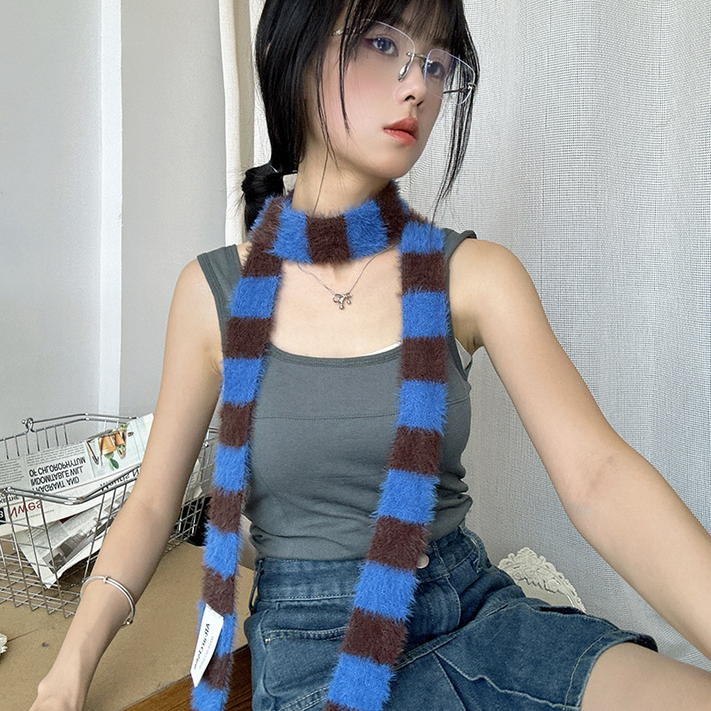 Korean Style Striped Cool Scarf Y2K Autumn Winter Plush Long Narrow Scarves Adult Women Men Fashion Soft Neck Warmer Neckerchief