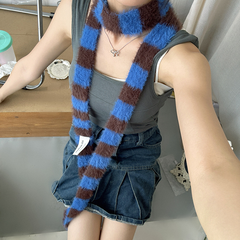 Korean Style Striped Cool Scarf Y2K Autumn Winter Plush Long Narrow Scarves Adult Women Men Fashion Soft Neck Warmer Neckerchief