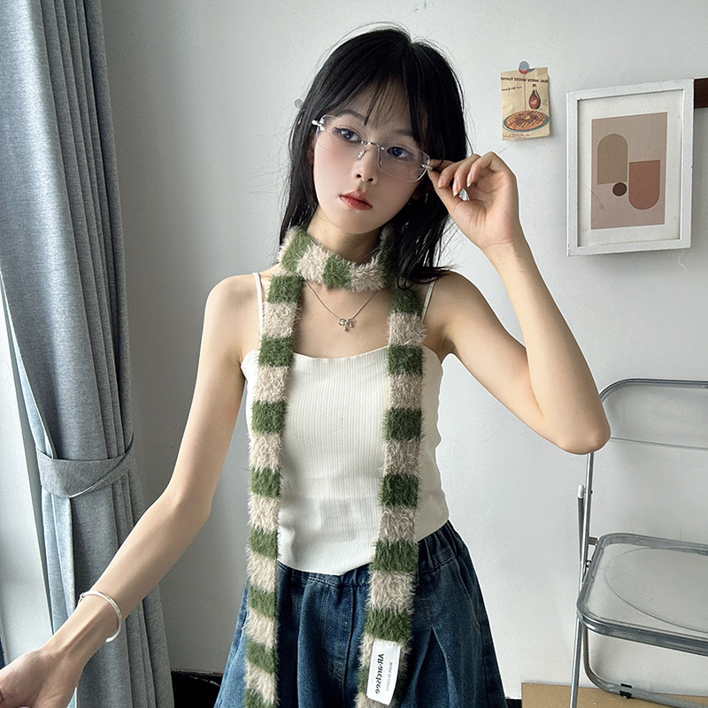 Korean Style Striped Cool Scarf Y2K Autumn Winter Plush Long Narrow Scarves Adult Women Men Fashion Soft Neck Warmer Neckerchief