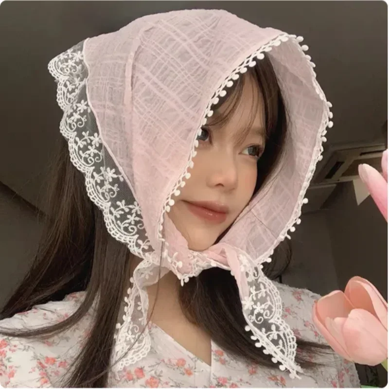 Korean Ins Lace Hair Scarf For Women Retro Triangle Hair Band Strap Hair Bag Headscarf Hat French Pastoral Style Travel Headband