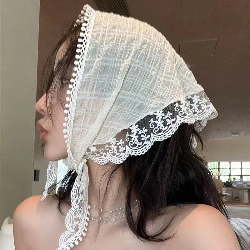 Korean Ins Lace Hair Scarf For Women Retro Triangle Hair Band Strap Hair Bag Headscarf Hat French Pastoral Style Travel Headband