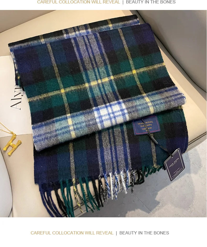 Checkered pure wool scarf for women's winter versatile birthday gift versatile thickened warm cashmere scarf