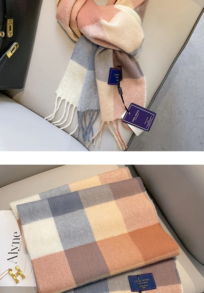 Checkered pure wool scarf for women's winter versatile birthday gift versatile thickened warm cashmere scarf