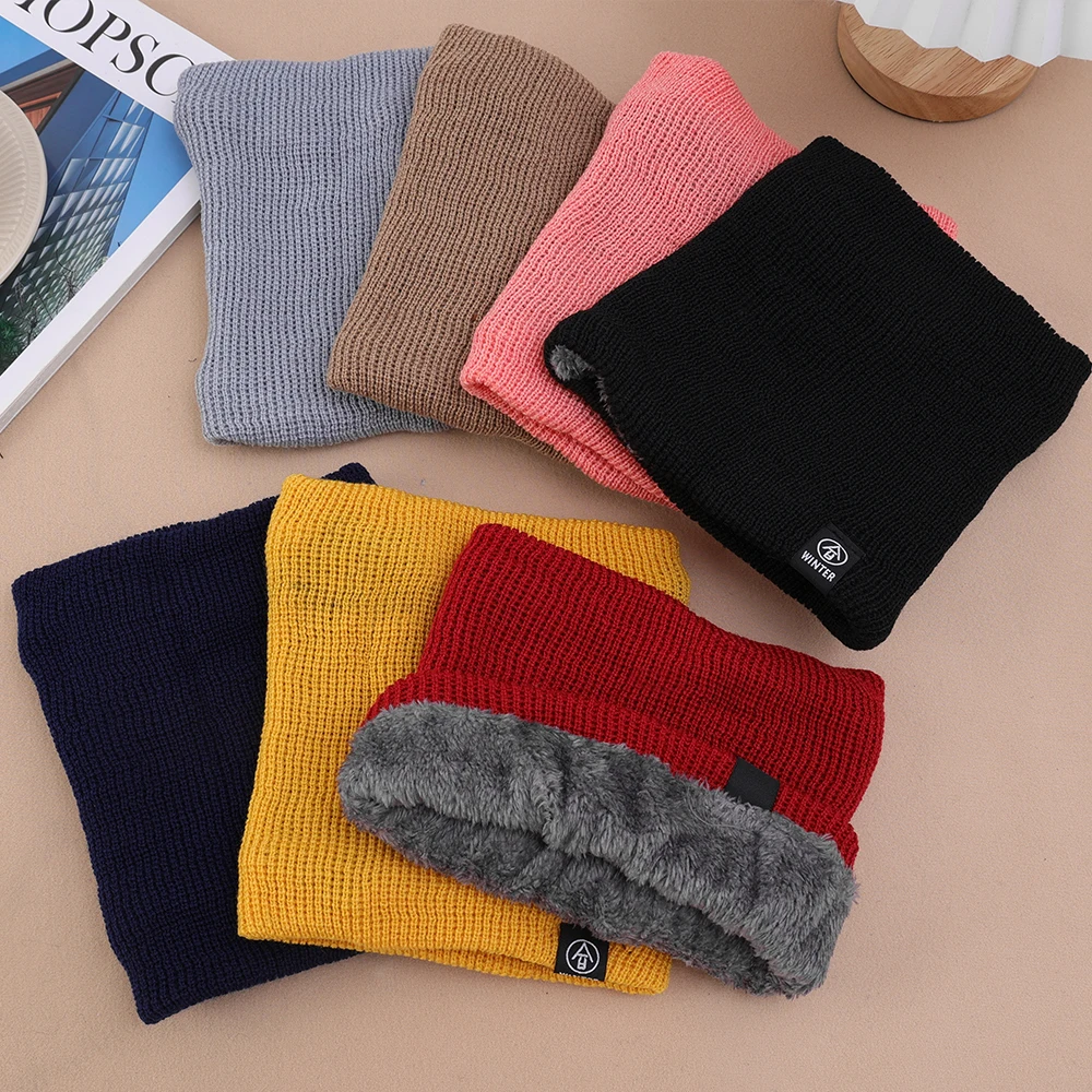 Solid Winter Plush Muffler Woolen Knitting for Women Fleece Ring Bandana Scarf Neck Warmer Buff Thick Cashmere Headband Ski Mask