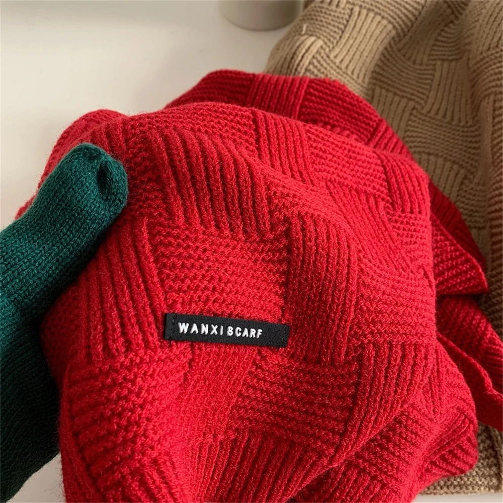 Retro Green Knitted Scarf High Quality Winter Warm Wool Scarves Luxury Women's Cashmere Shawls Wraps Men's Rib Bandana Pashmina