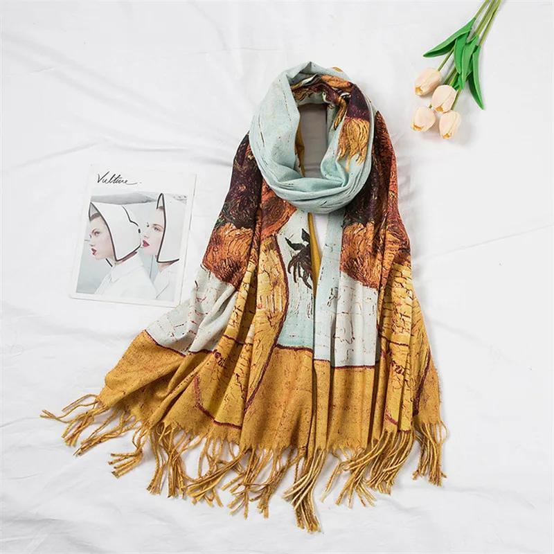 Winter Cashmere Scarf Van Gogh Oil Painting Sunflower Vase Tassel Pashmina Blanket Shawls Wraps Lady 2022 Fashion Design Foulard