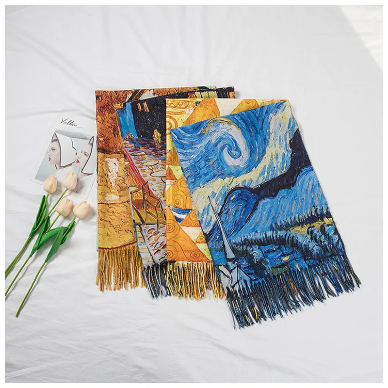 Winter Cashmere Scarf Van Gogh Oil Painting Sunflower Vase Tassel Pashmina Blanket Shawls Wraps Lady 2022 Fashion Design Foulard