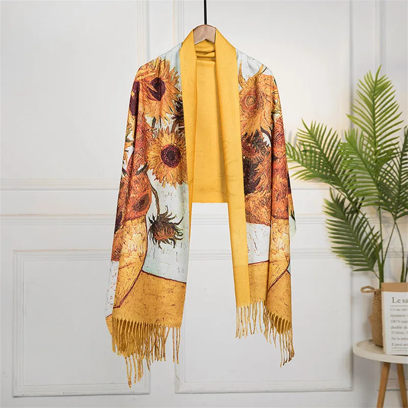 Winter Cashmere Scarf Van Gogh Oil Painting Sunflower Vase Tassel Pashmina Blanket Shawls Wraps Lady 2022 Fashion Design Foulard