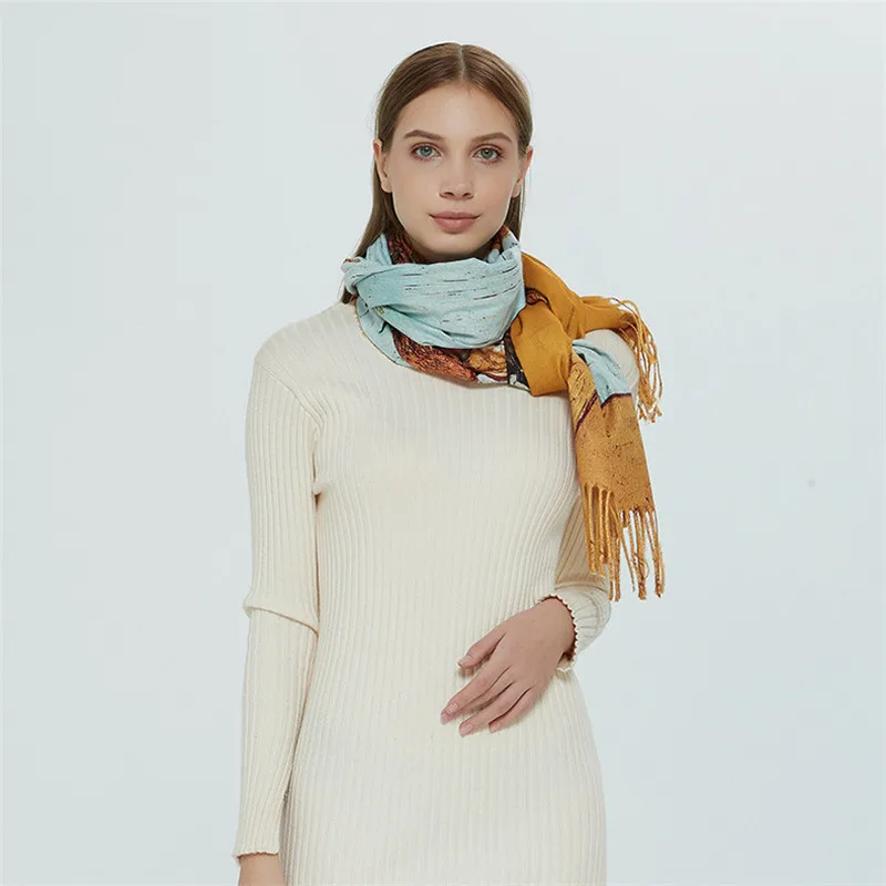 Winter Cashmere Scarf Van Gogh Oil Painting Sunflower Vase Tassel Pashmina Blanket Shawls Wraps Lady 2022 Fashion Design Foulard