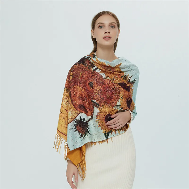 Winter Cashmere Scarf Van Gogh Oil Painting Sunflower Vase Tassel Pashmina Blanket Shawls Wraps Lady 2022 Fashion Design Foulard