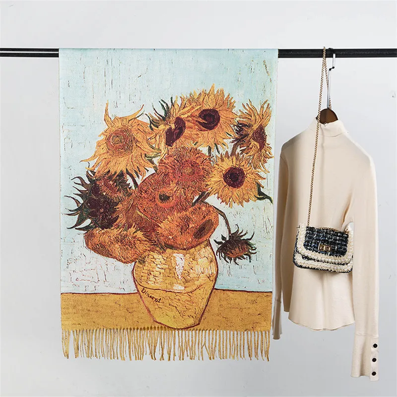 Winter Cashmere Scarf Van Gogh Oil Painting Sunflower Vase Tassel Pashmina Blanket Shawls Wraps Lady 2022 Fashion Design Foulard