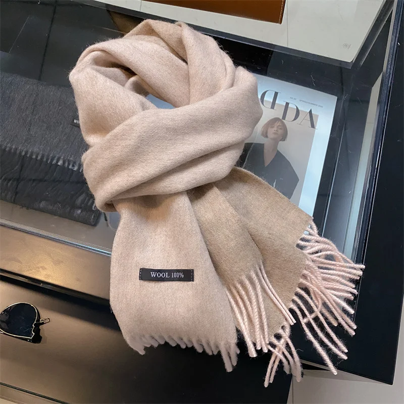 100% Wool Winter Scarf For Women Long Warm Cashmere Scarves Hijab Solid Lady Shawl Wrap Female Pashmina Bandana Head Scarfs NEW