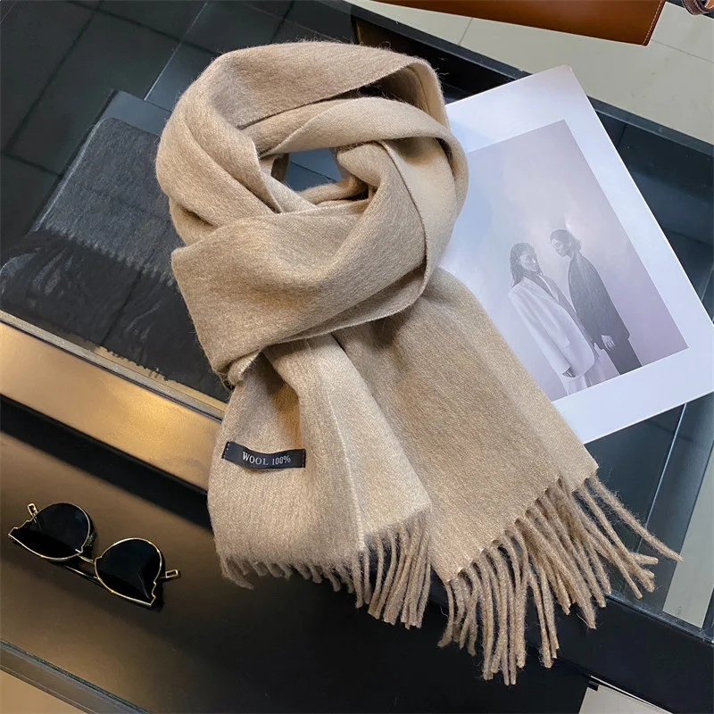 100% Wool Winter Scarf For Women Long Warm Cashmere Scarves Hijab Solid Lady Shawl Wrap Female Pashmina Bandana Head Scarfs NEW