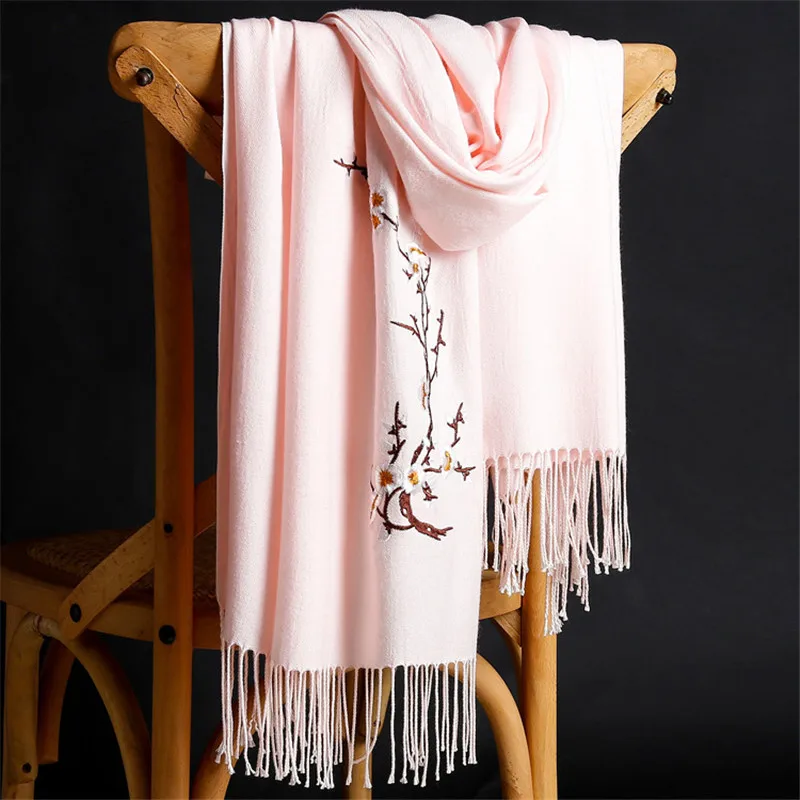 LaMaxPa 2018 New Winter Warm Solid Scarf For Women/Lady  Soft Wool Pashmina Shawls Flower Embroidery Cashmere Female Wraps Capes