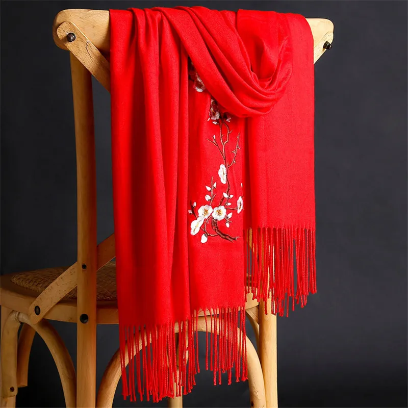 LaMaxPa 2018 New Winter Warm Solid Scarf For Women/Lady  Soft Wool Pashmina Shawls Flower Embroidery Cashmere Female Wraps Capes