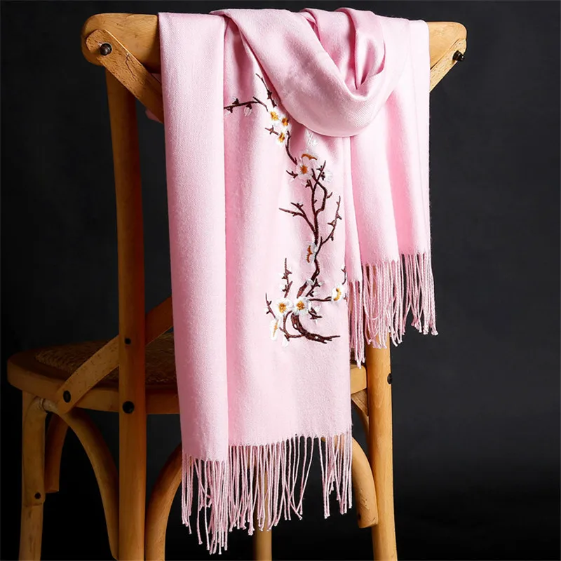 LaMaxPa 2018 New Winter Warm Solid Scarf For Women/Lady  Soft Wool Pashmina Shawls Flower Embroidery Cashmere Female Wraps Capes