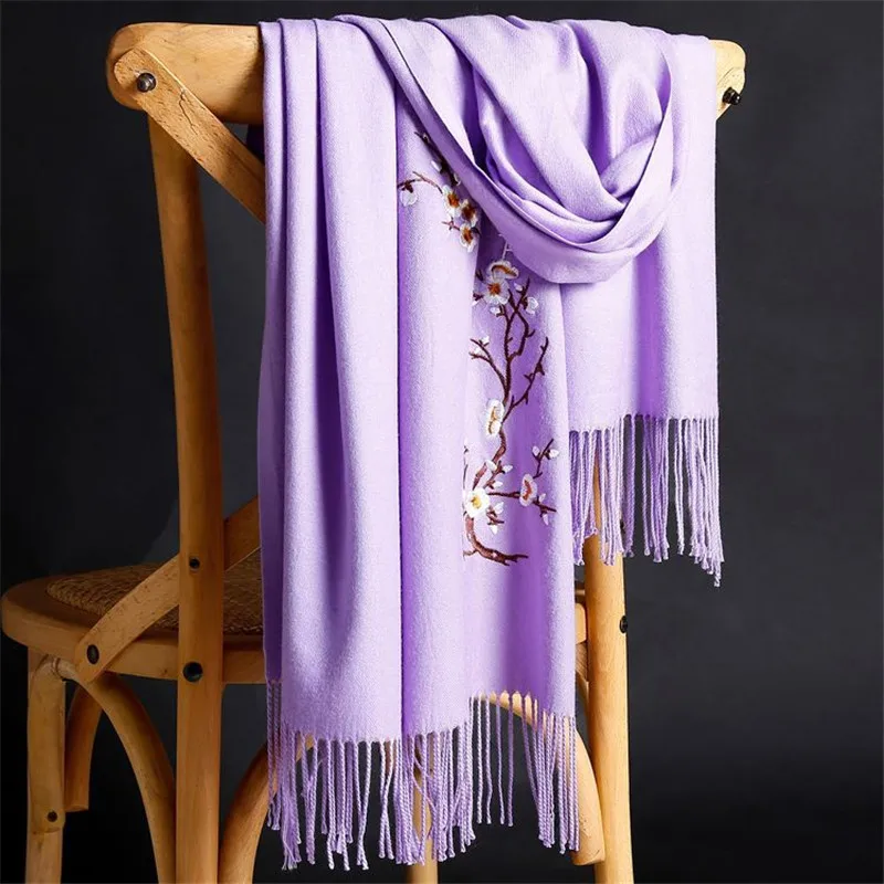 LaMaxPa 2018 New Winter Warm Solid Scarf For Women/Lady  Soft Wool Pashmina Shawls Flower Embroidery Cashmere Female Wraps Capes