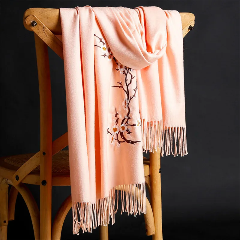 LaMaxPa 2018 New Winter Warm Solid Scarf For Women/Lady  Soft Wool Pashmina Shawls Flower Embroidery Cashmere Female Wraps Capes