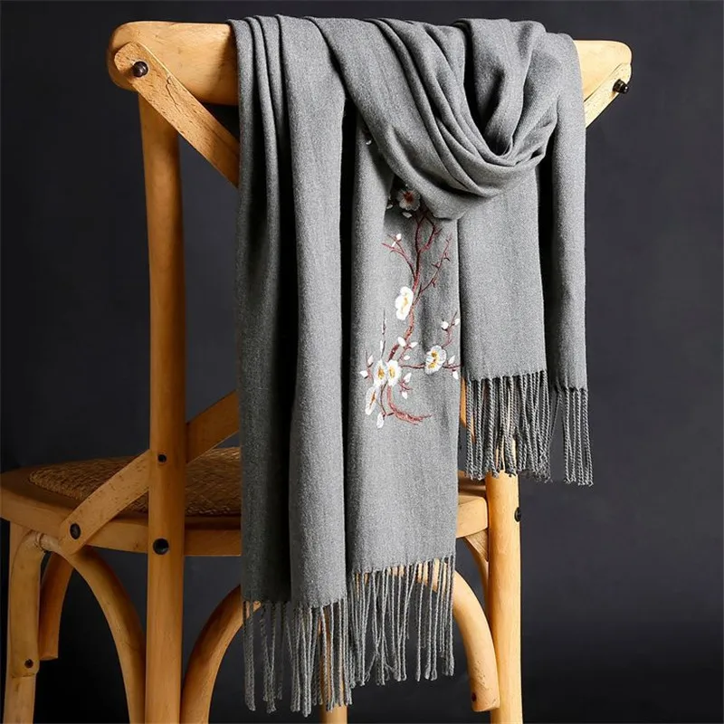 LaMaxPa 2018 New Winter Warm Solid Scarf For Women/Lady  Soft Wool Pashmina Shawls Flower Embroidery Cashmere Female Wraps Capes