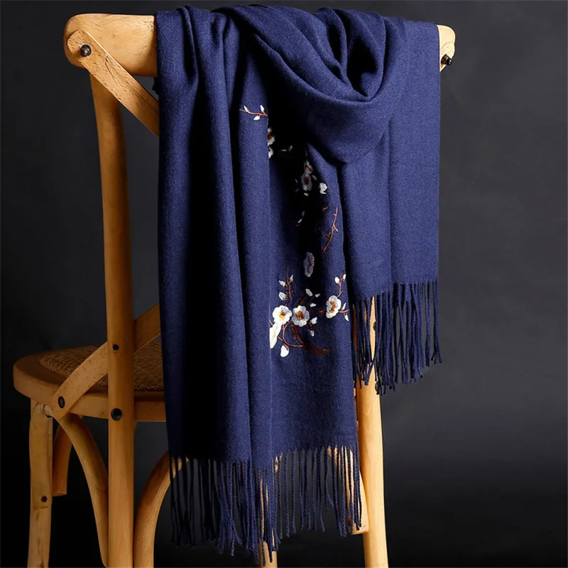 LaMaxPa 2018 New Winter Warm Solid Scarf For Women/Lady  Soft Wool Pashmina Shawls Flower Embroidery Cashmere Female Wraps Capes