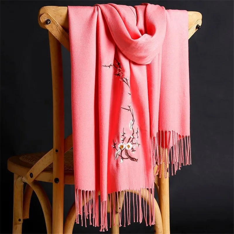 LaMaxPa 2018 New Winter Warm Solid Scarf For Women/Lady  Soft Wool Pashmina Shawls Flower Embroidery Cashmere Female Wraps Capes