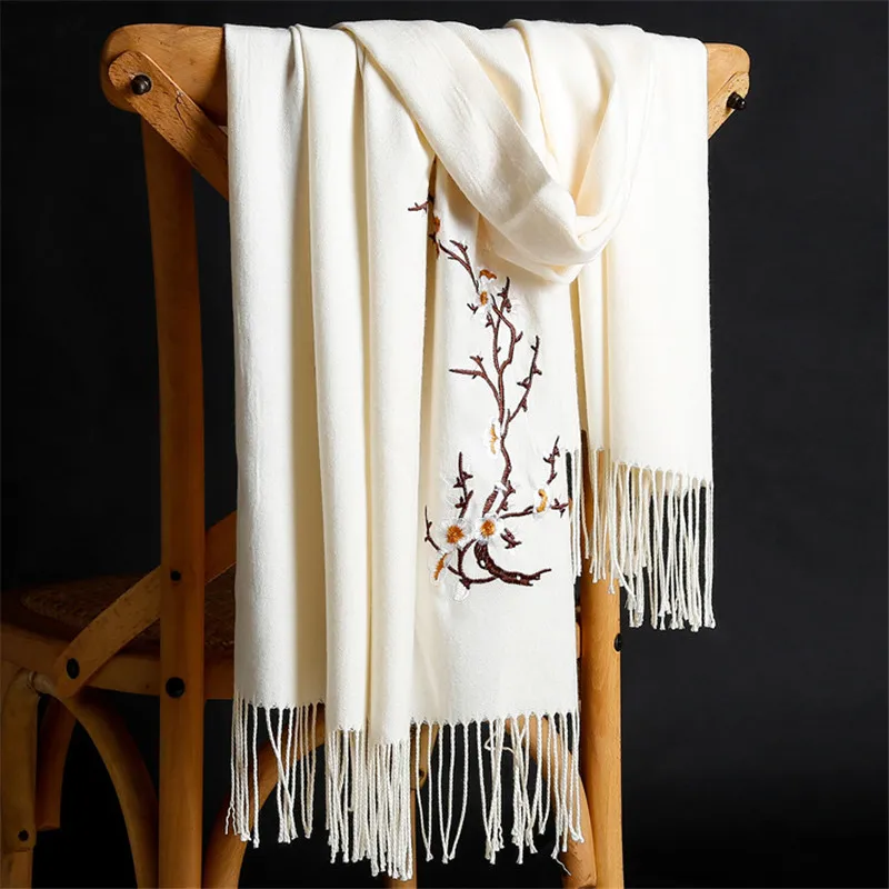 LaMaxPa 2018 New Winter Warm Solid Scarf For Women/Lady  Soft Wool Pashmina Shawls Flower Embroidery Cashmere Female Wraps Capes