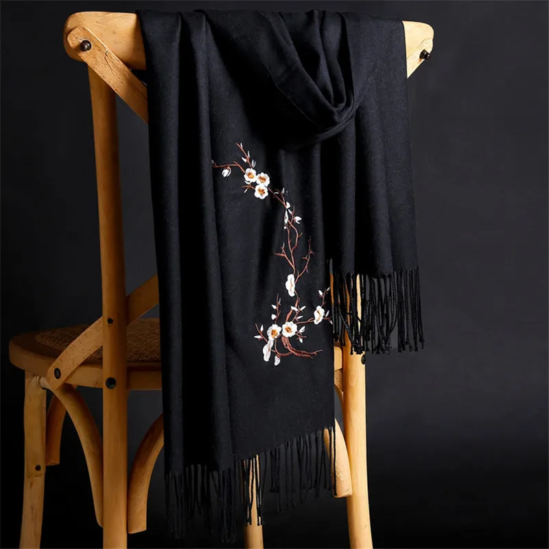 LaMaxPa 2018 New Winter Warm Solid Scarf For Women/Lady  Soft Wool Pashmina Shawls Flower Embroidery Cashmere Female Wraps Capes