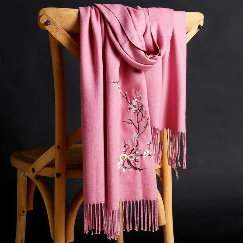 LaMaxPa 2018 New Winter Warm Solid Scarf For Women/Lady  Soft Wool Pashmina Shawls Flower Embroidery Cashmere Female Wraps Capes