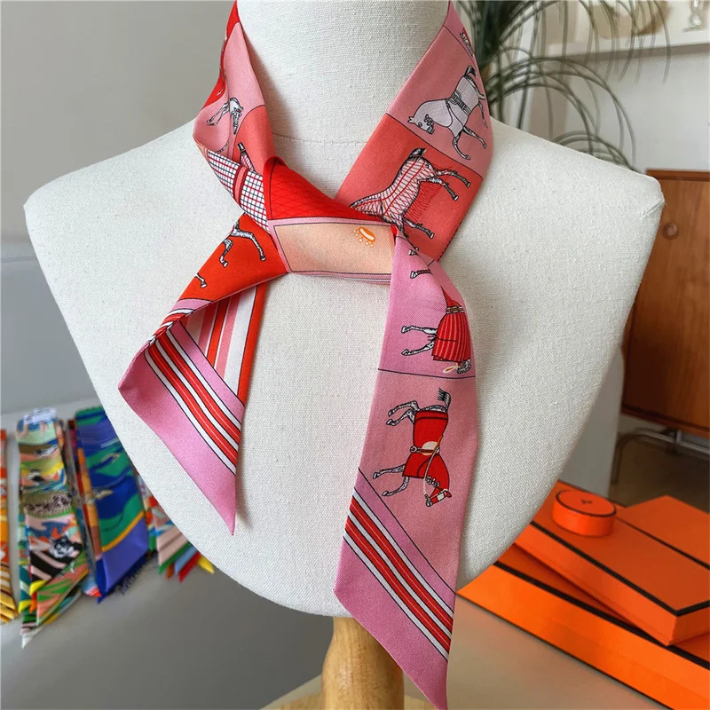 100% Silk High Quality Luxury Brand Scarf Women Headband Hair Band Foulard Tie Ribbon Neckerchief Skinny Scarves Accessories