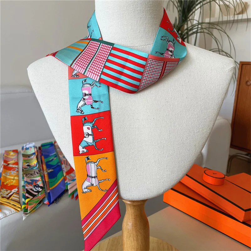 100% Silk High Quality Luxury Brand Scarf Women Headband Hair Band Foulard Tie Ribbon Neckerchief Skinny Scarves Accessories