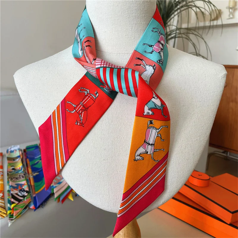 100% Silk High Quality Luxury Brand Scarf Women Headband Hair Band Foulard Tie Ribbon Neckerchief Skinny Scarves Accessories