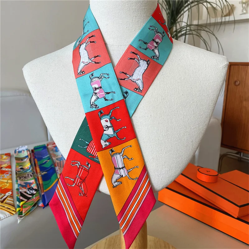 100% Silk High Quality Luxury Brand Scarf Women Headband Hair Band Foulard Tie Ribbon Neckerchief Skinny Scarves Accessories