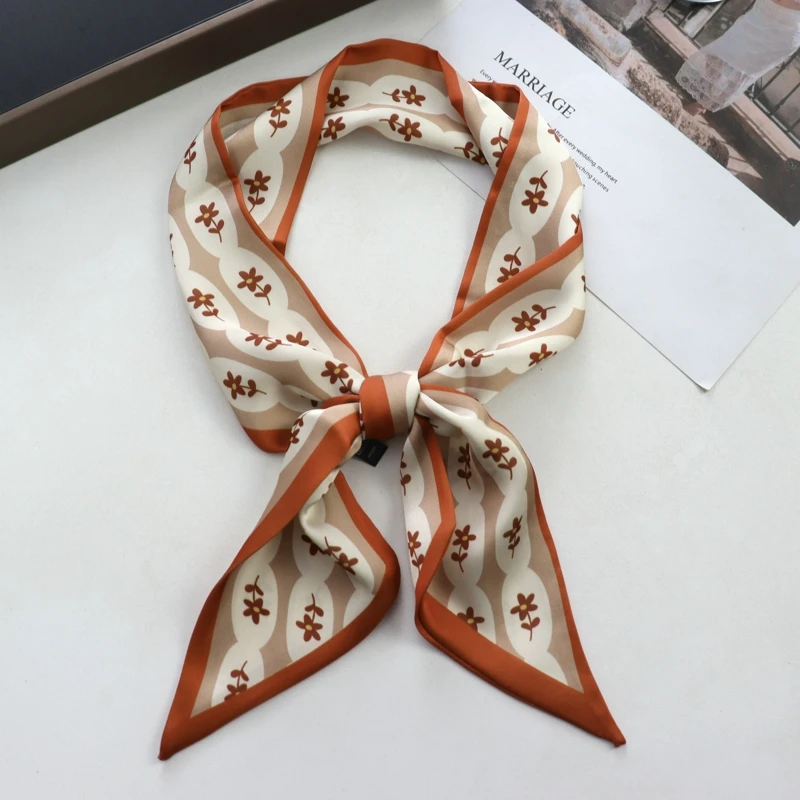 New Checkerboard Print Women Small Silk Scarf Handle Bag Ribbons Female Head Scarves Sharp Angle For Women  100*9cm