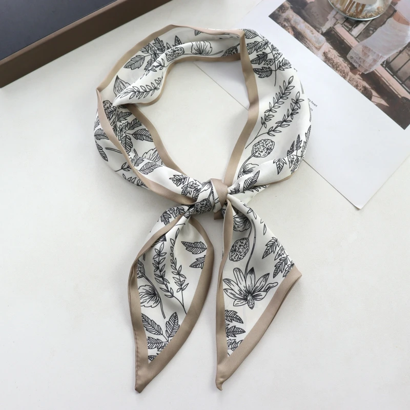 New Checkerboard Print Women Small Silk Scarf Handle Bag Ribbons Female Head Scarves Sharp Angle For Women  100*9cm