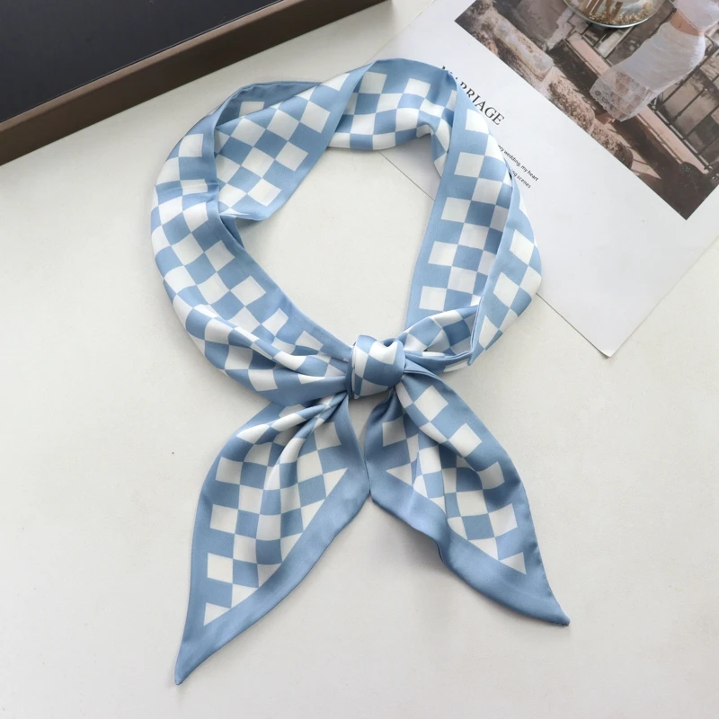 New Checkerboard Print Women Small Silk Scarf Handle Bag Ribbons Female Head Scarves Sharp Angle For Women  100*9cm