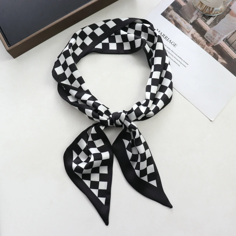 New Checkerboard Print Women Small Silk Scarf Handle Bag Ribbons Female Head Scarves Sharp Angle For Women  100*9cm