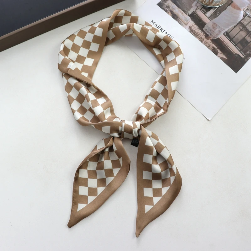 New Checkerboard Print Women Small Silk Scarf Handle Bag Ribbons Female Head Scarves Sharp Angle For Women  100*9cm