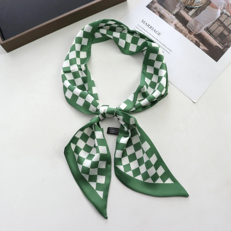 New Checkerboard Print Women Small Silk Scarf Handle Bag Ribbons Female Head Scarves Sharp Angle For Women  100*9cm