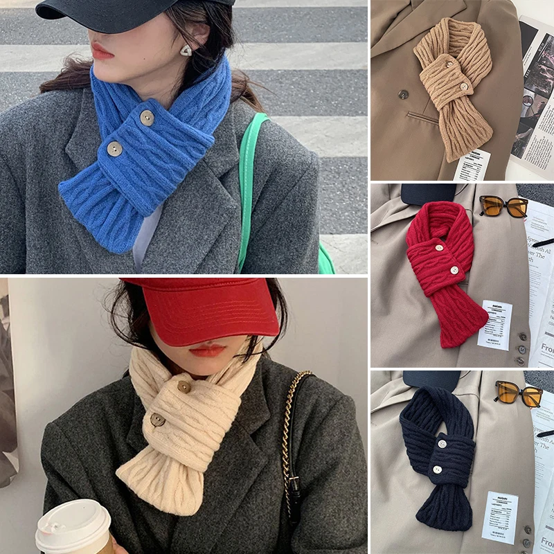 Korean Women Cross Scarf Solid Color Kintted Woolen Scarves Fashion Girl Short Neckerchief Winter Windproof Warm Neck Collar 스카프