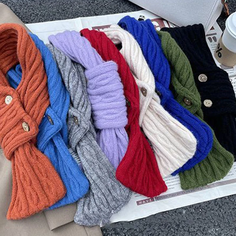 Korean Women Cross Scarf Solid Color Kintted Woolen Scarves Fashion Girl Short Neckerchief Winter Windproof Warm Neck Collar 스카프