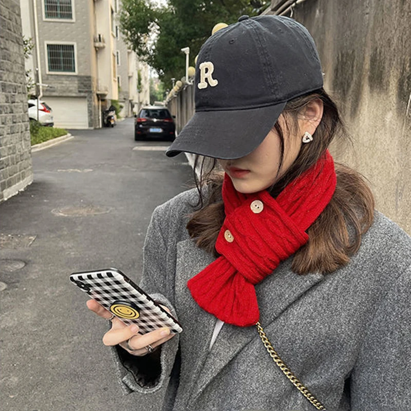 Korean Women Cross Scarf Solid Color Kintted Woolen Scarves Fashion Girl Short Neckerchief Winter Windproof Warm Neck Collar 스카프