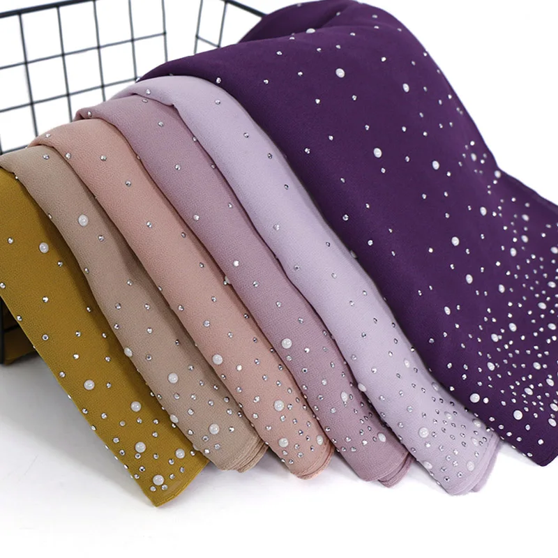 Women Bubble Chiffon Hijabs Scarf With Diamonds Studs Pearls Scarves Plain Shawls Headscarf Wraps Solid Color Mullfers Turbans