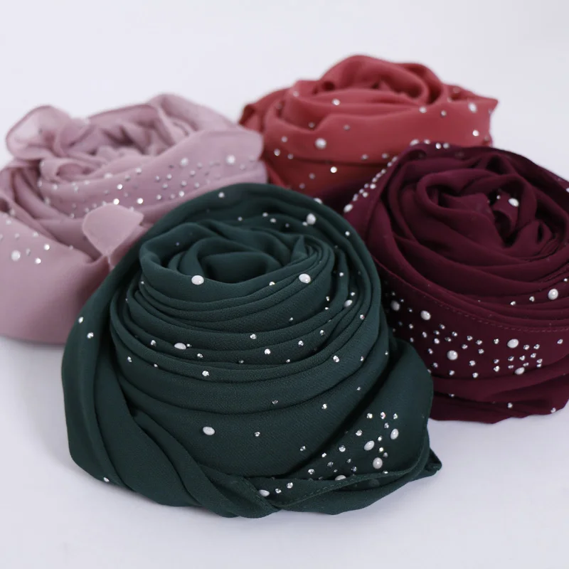 Women Bubble Chiffon Hijabs Scarf With Diamonds Studs Pearls Scarves Plain Shawls Headscarf Wraps Solid Color Mullfers Turbans